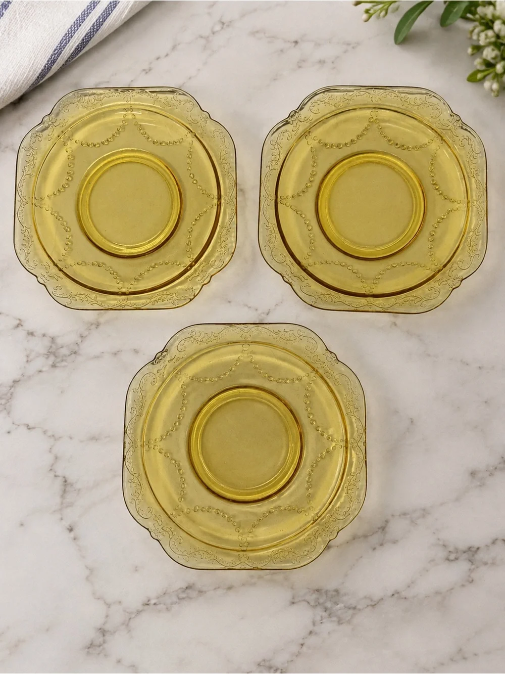 Vintage Amber Depression Glass Saucers Set of 3 Square Beaded Star 6”